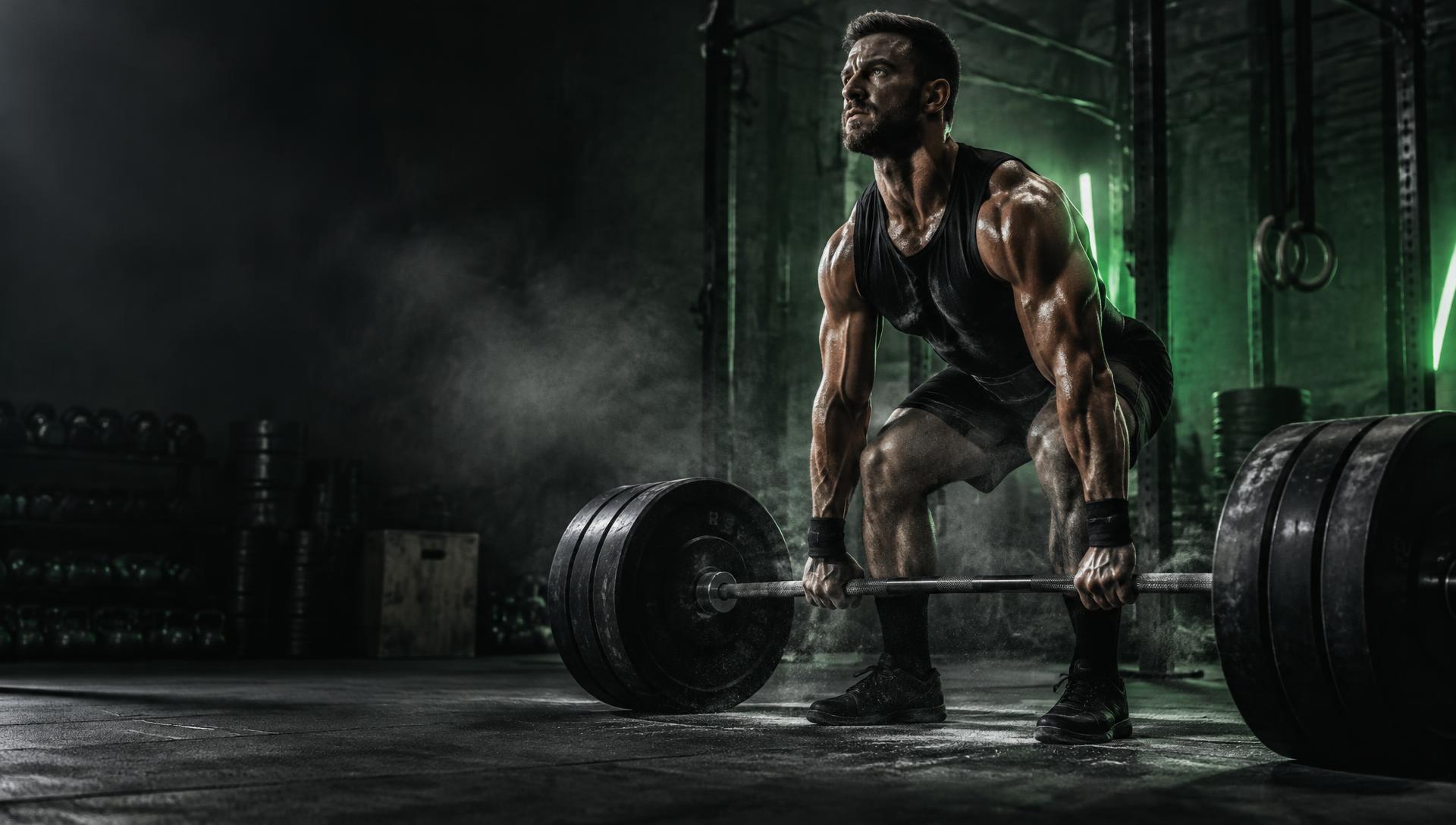Athlete preparing to deadlift a loaded barbell in a dark gym with green accent lighting