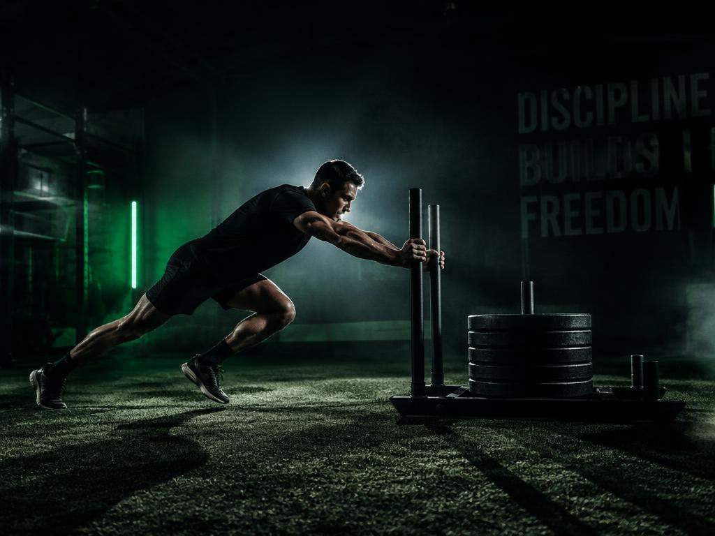 Athlete driving a weighted sled across turf in a training facility